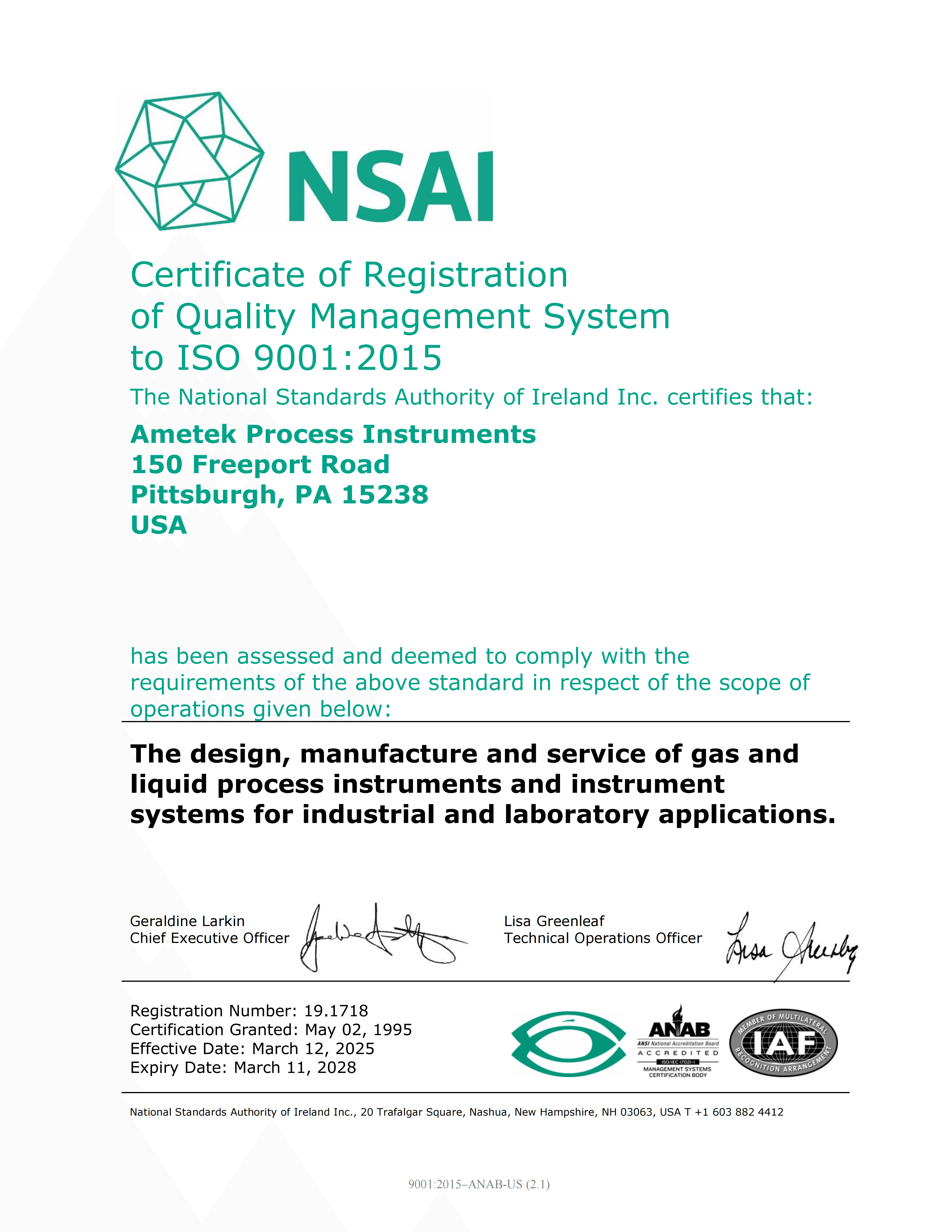 ISO 9001:2015 (Pittsburgh)